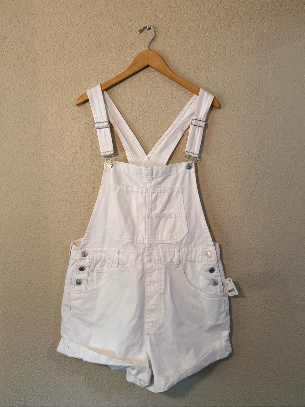 NWT Free People White Ziggy Denim Short Overalls, Sz LG